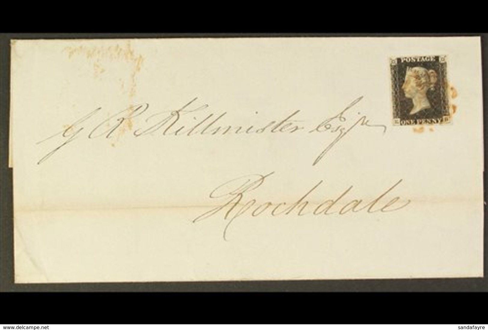1841 (Jan 13) Cover From Liverpool To Rochdale Bearing 1d Black 'EB', Plate 5, 4 Clear To Good Margins, Tied By Red Malt - Unclassified