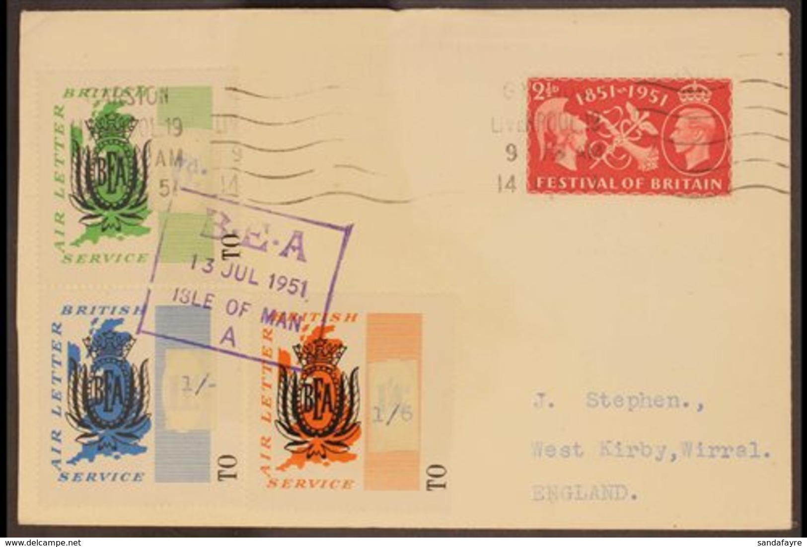 ISLE OF MAN 1951 (13 July)  BRITISH AIR LETTER SERVICE Cover From Isle Of Man To West Kirby Bearing B.E.A. 6d, 11d And 1 - Andere & Zonder Classificatie