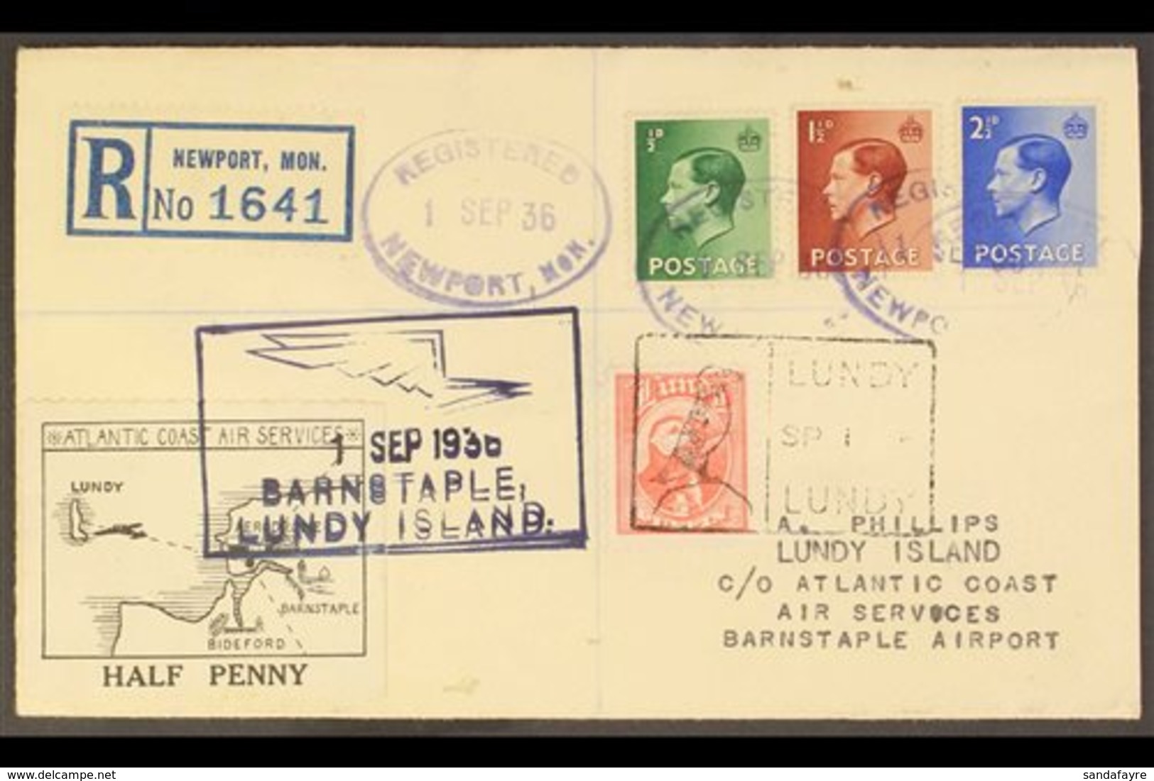 LUNDY ISLAND 1936 (1st September) Registered Cover Bearing  Lundy ½ Puffin (Lundy Rectangular Cancel), Atlantic Coast Ai - Andere & Zonder Classificatie