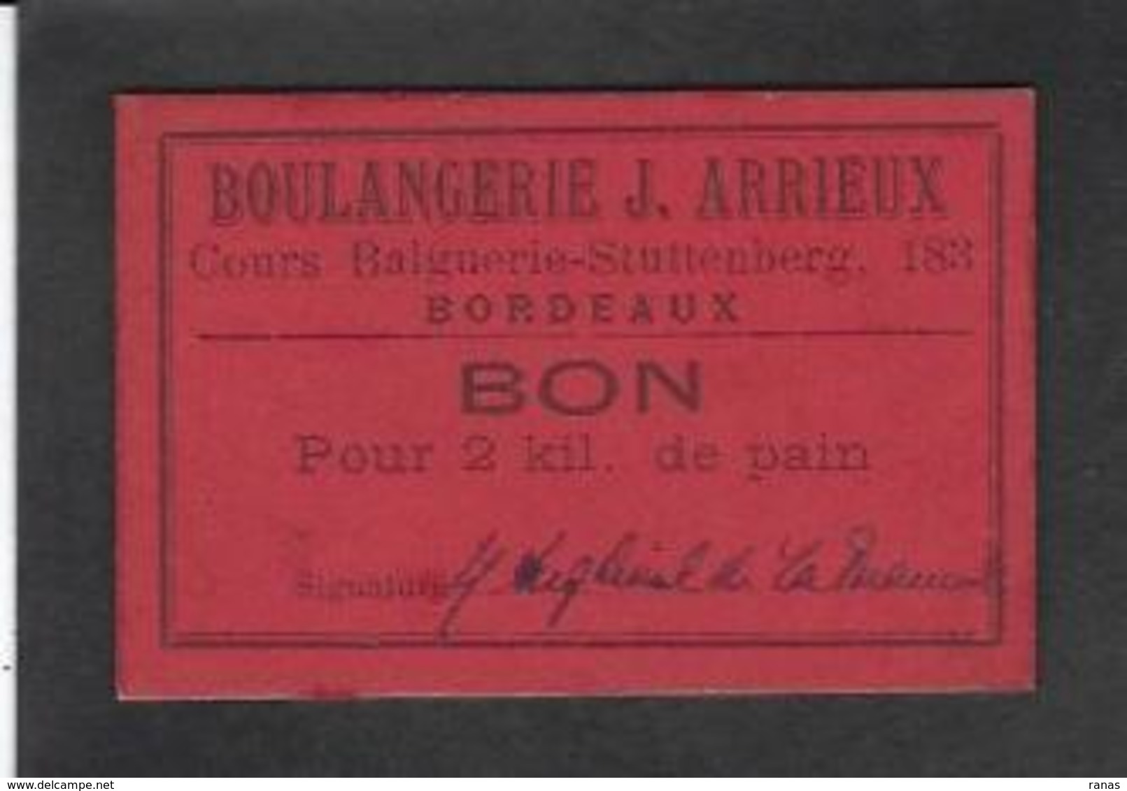 Monnaie De Nécessité Carton 7 X 4,5 Boulangerie Pain Bordeaux - Monétaires / De Nécessité