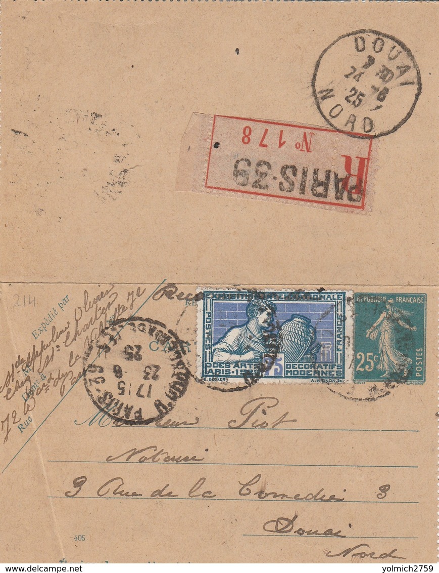 140 SEMEUSE ENTIER + 214 - RECOMMANDE Du 26.6.1924 De PARIS - Cartes-lettres