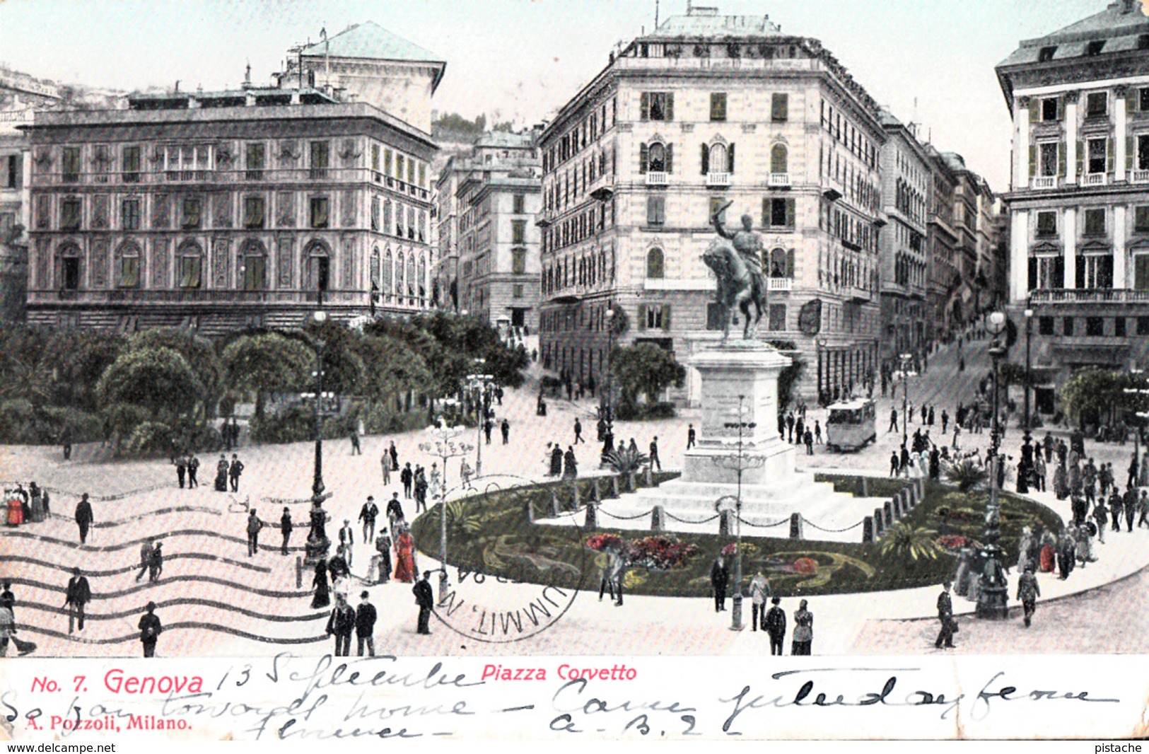 Italy Italia - Genova Genoa - Piazza Corvetto - Hand Colored - Simple Back - Postmark 1905 - Animation - 2 Scans - Genova (Genoa)