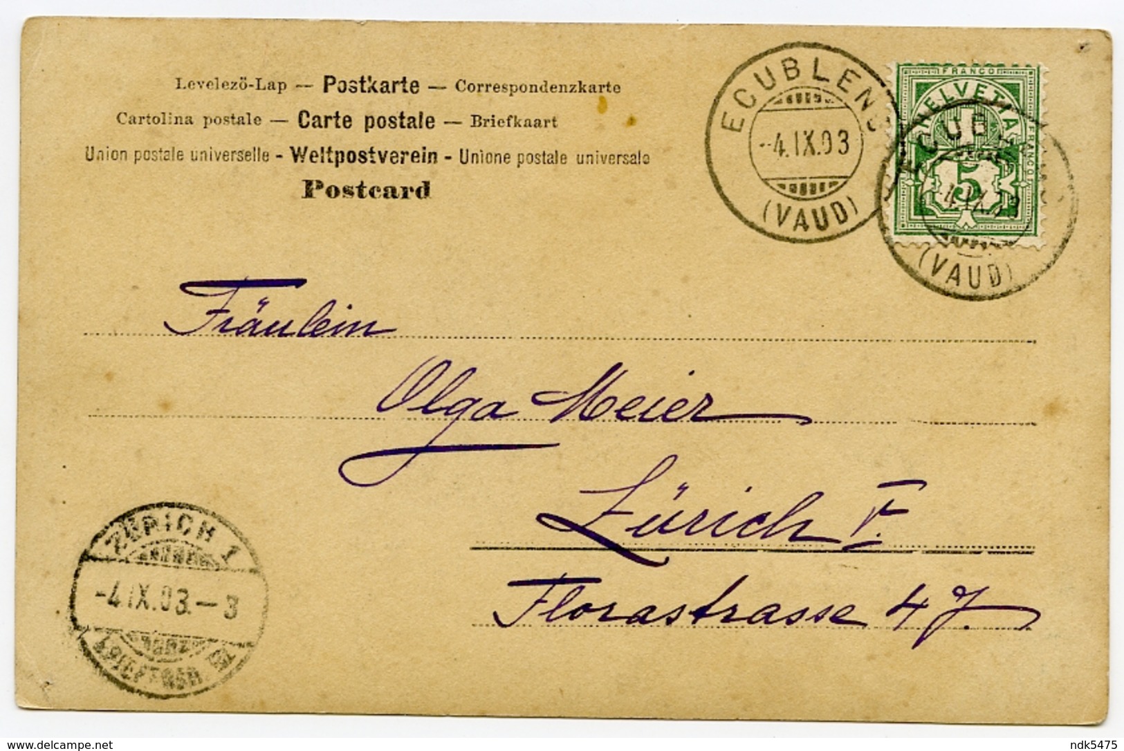 PRETTY GIRL IN GRECIAN ROBES / CACHET - ECUBLENS (VAUD), 1903 / ADDRESS - ZURICH, FLORASTRASSE (MEIER) - Écublens