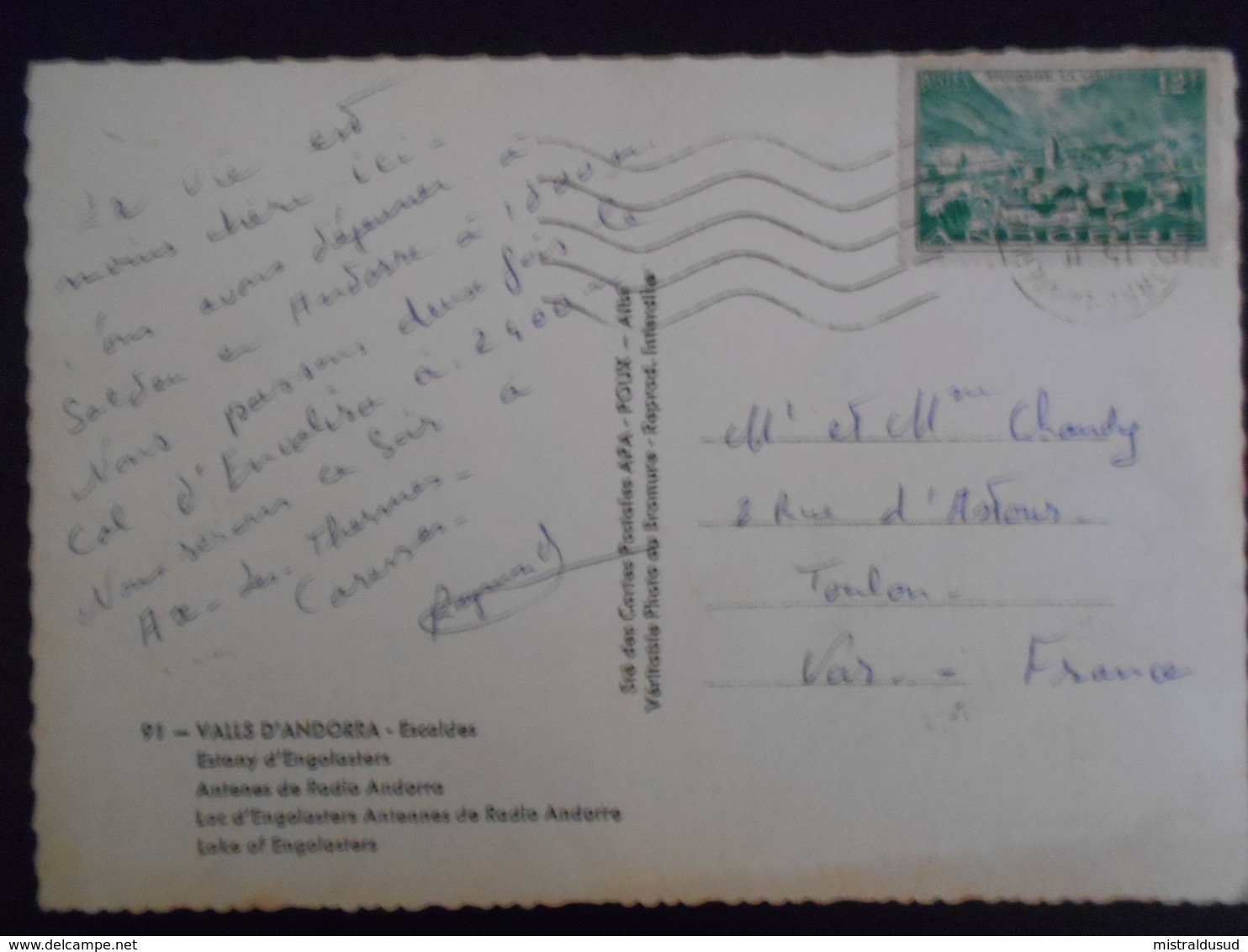 Andorre Français , Carte D Andorre-la-vielle 1954 Pour Toulon - Brieven En Documenten