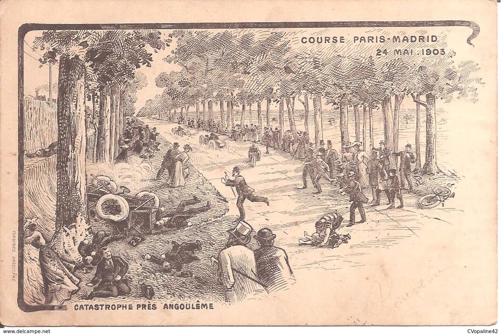 COURSE "PARIS-MADRID" 24 Mai 1903 - Catastrophe Près De Angouleme - Lithographie De 1903 - Autres & Non Classés