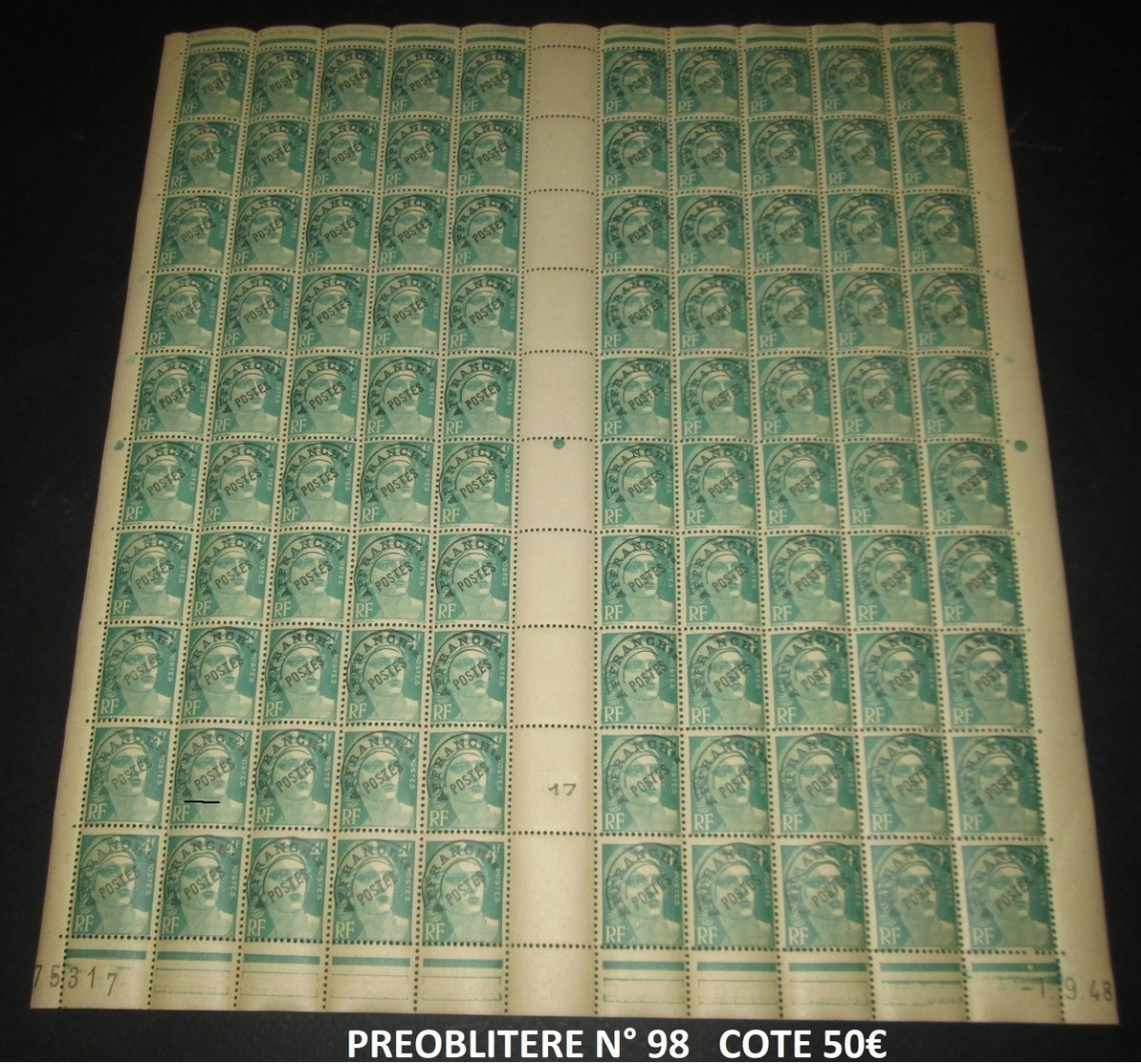 France 1948 Neuf**  Préoblitéré N° 98 Marianne De Gandon  FEUILLE COMPLETE FULL SHEET - Ganze Bögen