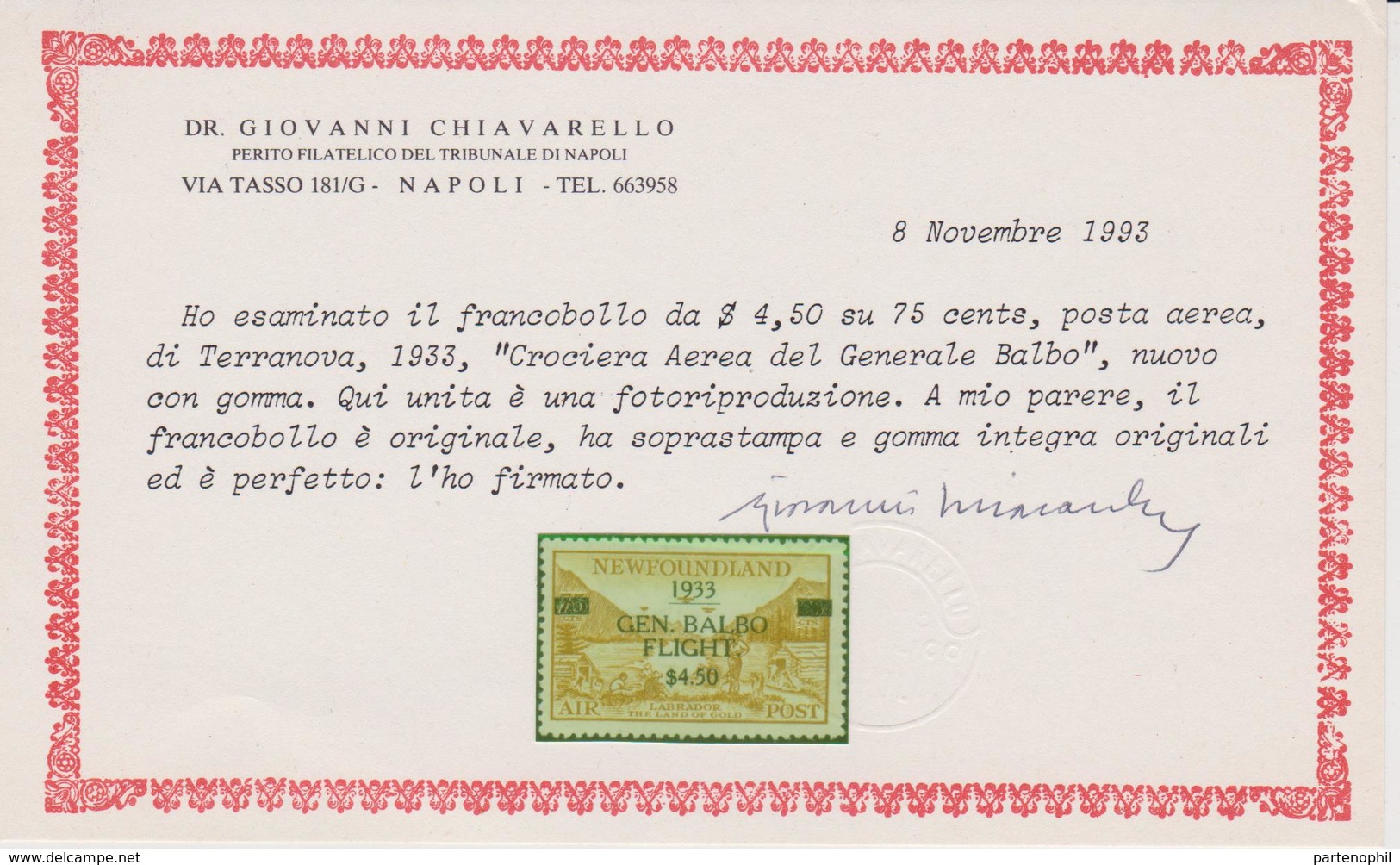 330 ** Newfoundland 1933 - $ 4,50 Su Cent. 75, Posta Aera Di Terranova “Crociera Aerea Del Generale Balbo”. Cert. CH. - 1908-1947