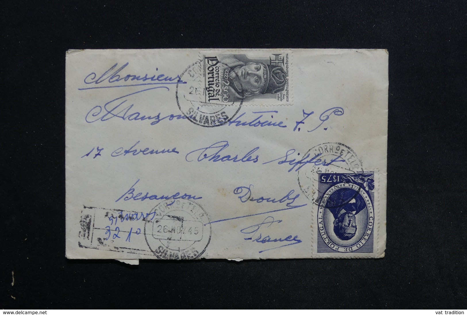 PORTUGAL - Enveloppe En Recommandé Pour La France En 1945 , Affranchissement Plaisant - L 31312 - Lettres & Documents