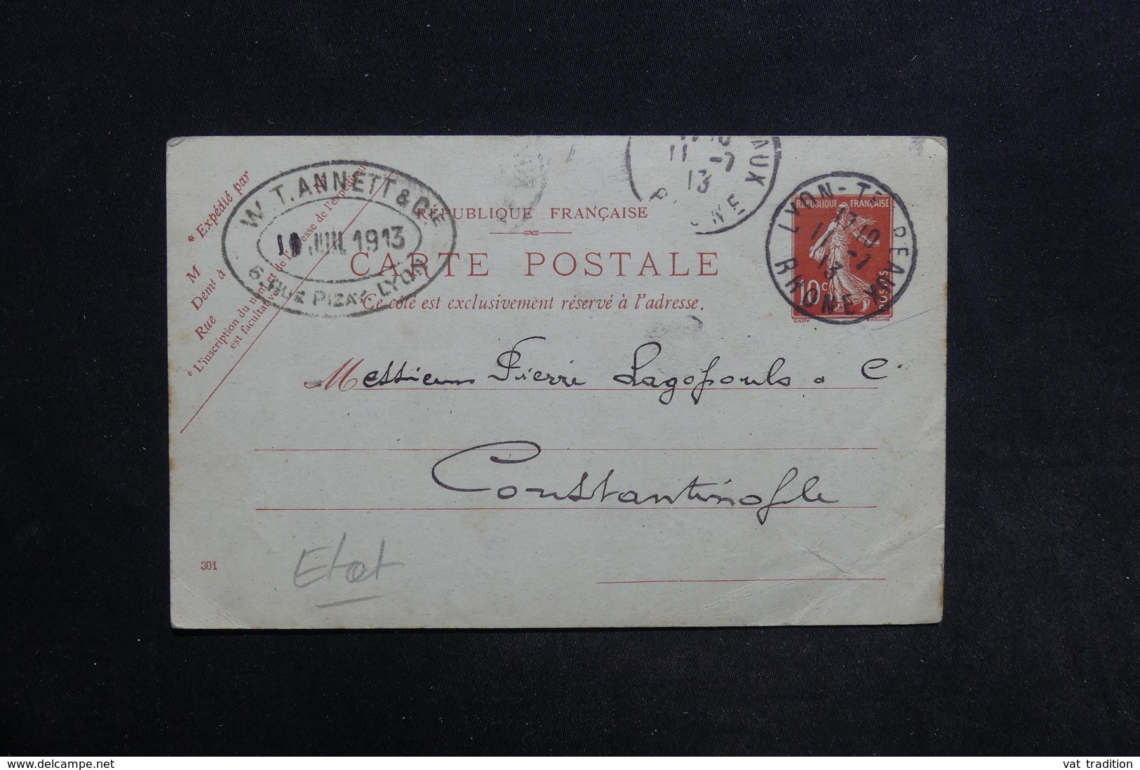 FRANCE - Entier Postal Type Semeuse De Lyon Pour Constantinople En 1913 - L 31316 - Cartes Postales Types Et TSC (avant 1995)