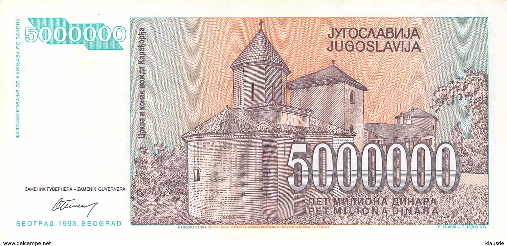 5000000 (5 Mio) Dinar Jugoslawien 1993 UNC (I) - Jugoslawien