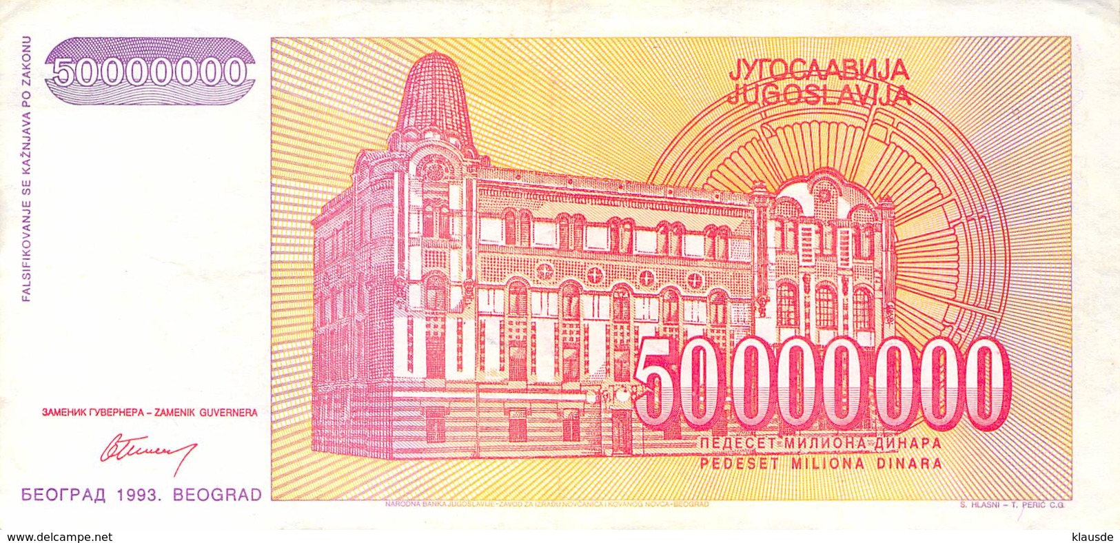 50 000 000 (50 Mio) Dinar Jugoslawien 1993 UNC (I) - Yugoslavia