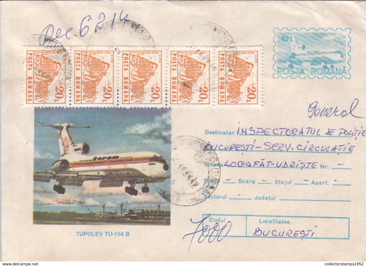 79393- TUPOLEV TU-154 B PLANE, REGISTERED COVER STATIONERY, MANY STAMPS, 1995, ROMANIA - Lettres & Documents