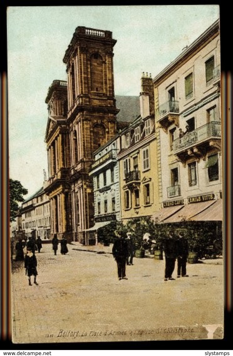 CPA 90 BELFORT N°1201 LA PLACE D'ARMES &amp; L'EGLISE ST CHRISTOPHE ANIMEE COLORISEE AQUA PHOT L.V. &amp; CIE PARIS - Belfort - Ville