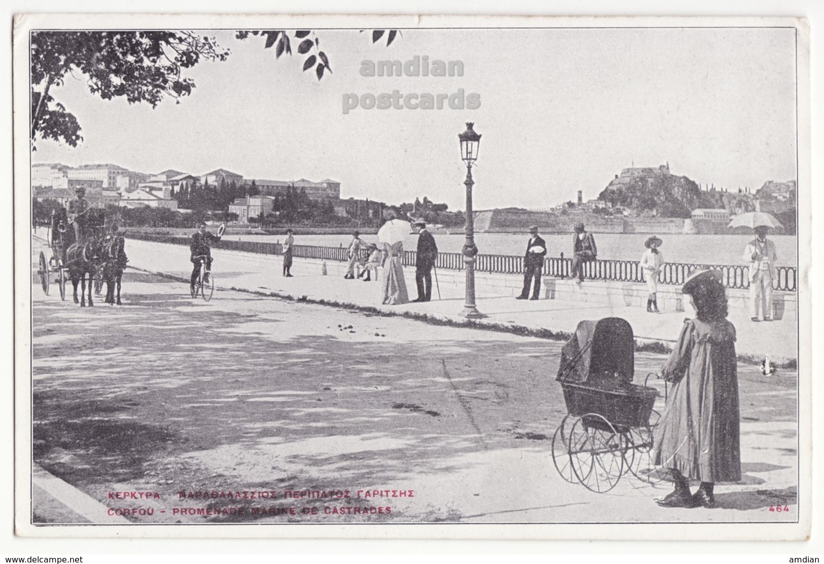 GREECE CORFU, GARITSA BAY PROMENADE, WOMAN WITH STROLLER, 1910s Vintage Postcard G. ASPIOTIS - Greece