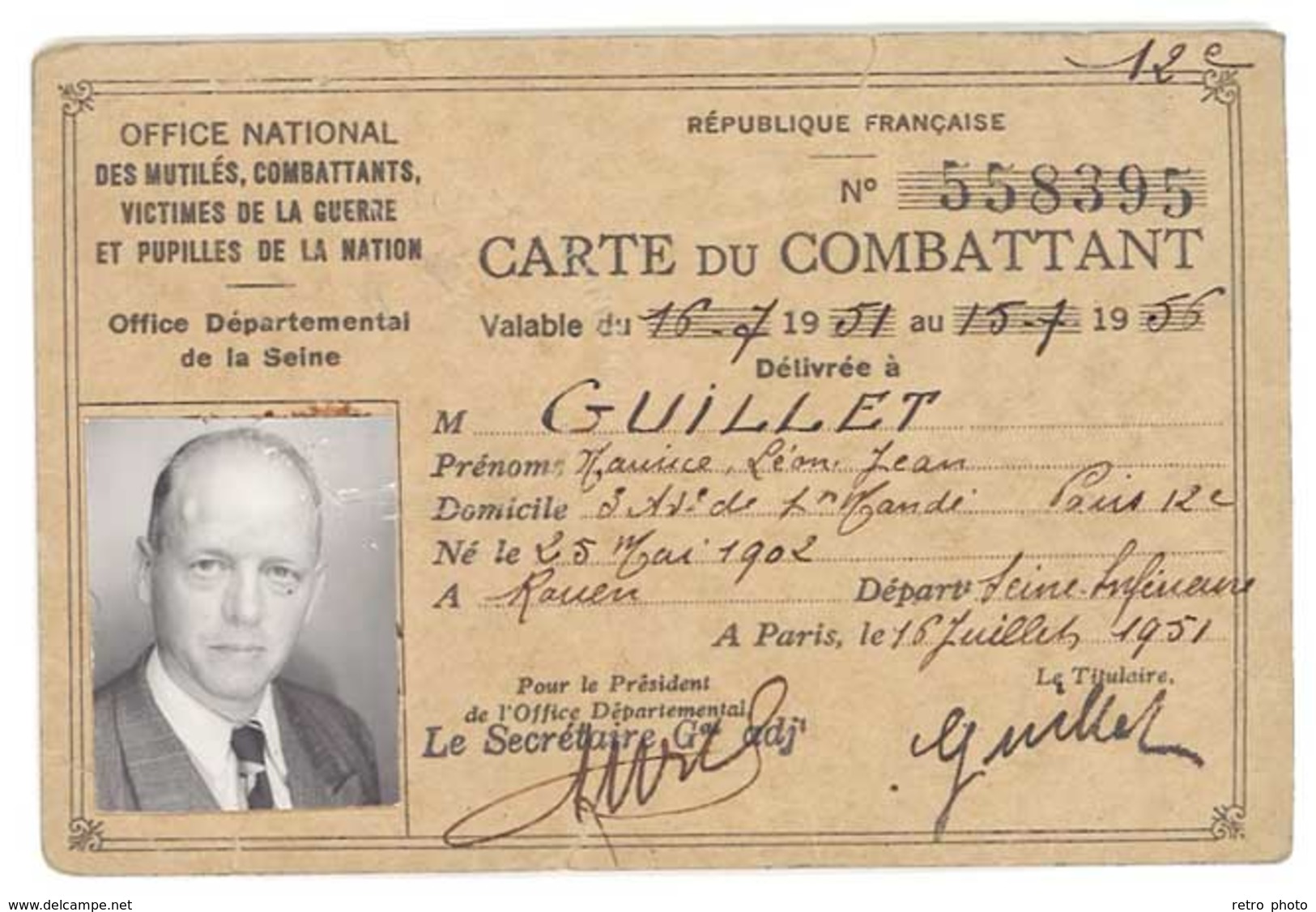 Carte Du Combattant, Mr Guillet , Croix Du Combattant, Office National Des Mutilés, ... - Sin Clasificación