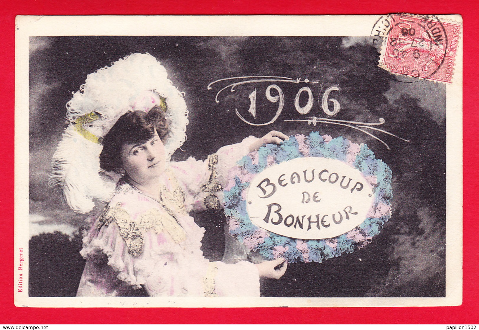 Nouvel An-260P56 Beaucoup De Bonheur Année 1906, Jeune Femme Avec Grand Chapeau, Cpa BE - New Year