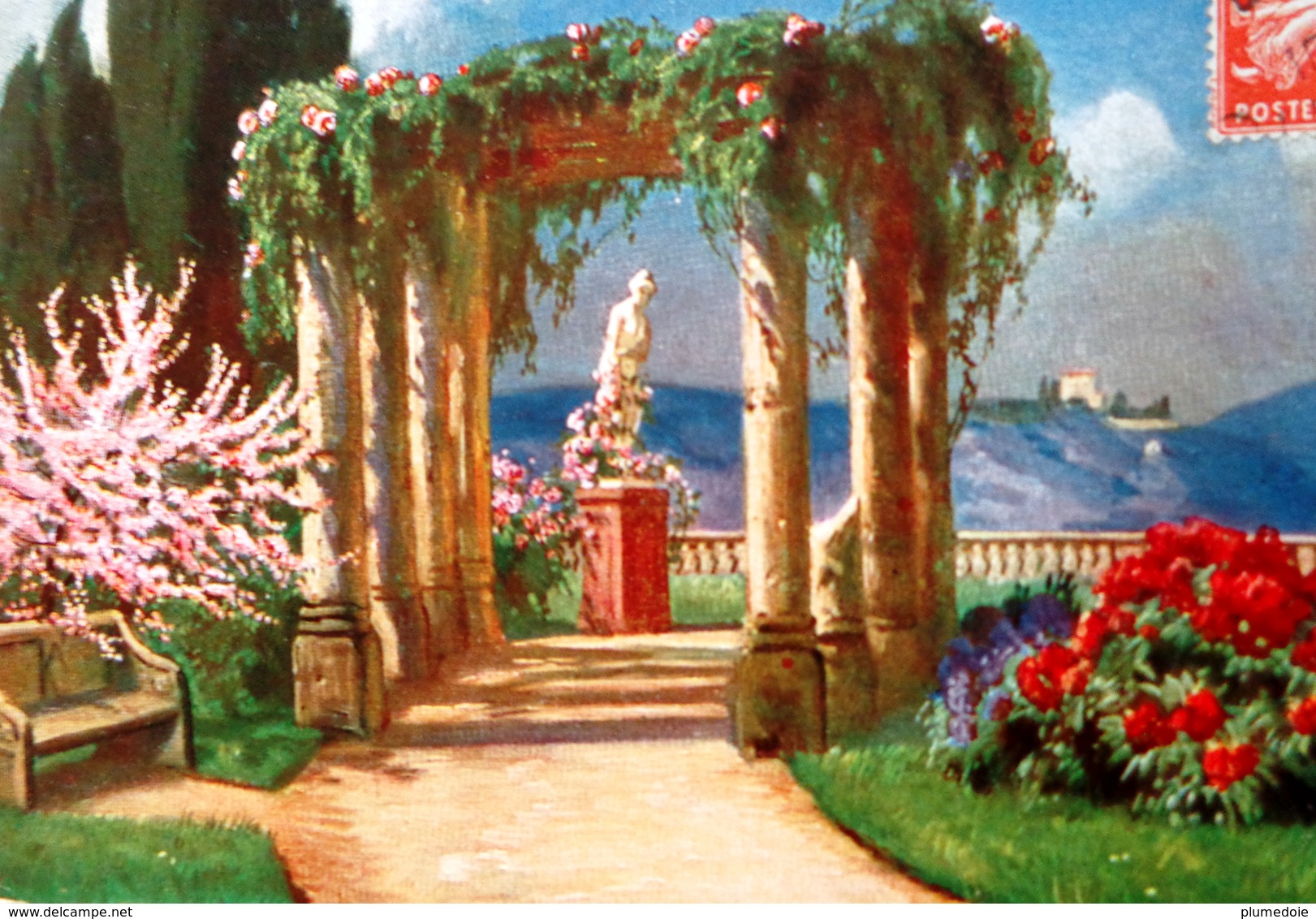 Cpa BEAU JARDIN EN FLEURS . MASSIF DE PIVOINES . COLONNES . STATUE . ROSES . 1910 .PRETTY  FLORAL GARDEN . PEONIES - Fleurs