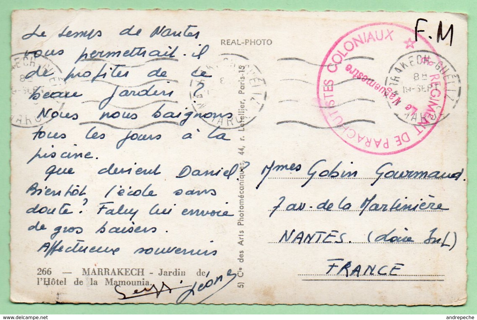 CACHET MILITAIRE  "6e REGIMENT DE PARACHUTISTES COLONIAUX" - Marrakech Gueliz - - Cachets Militaires A Partir De 1900 (hors Guerres)