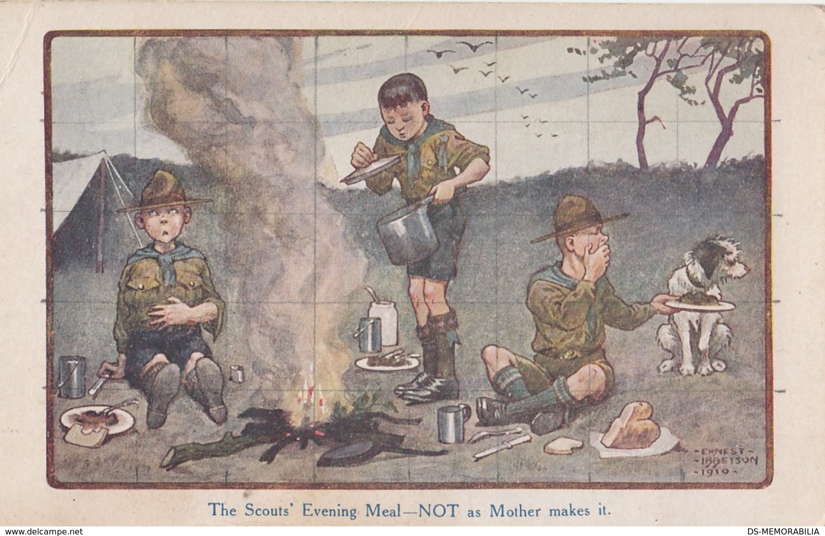 Boy Scout - The Evening Meal Old Postcard Signed Ernest Ibbetson 1910 - Scoutismo