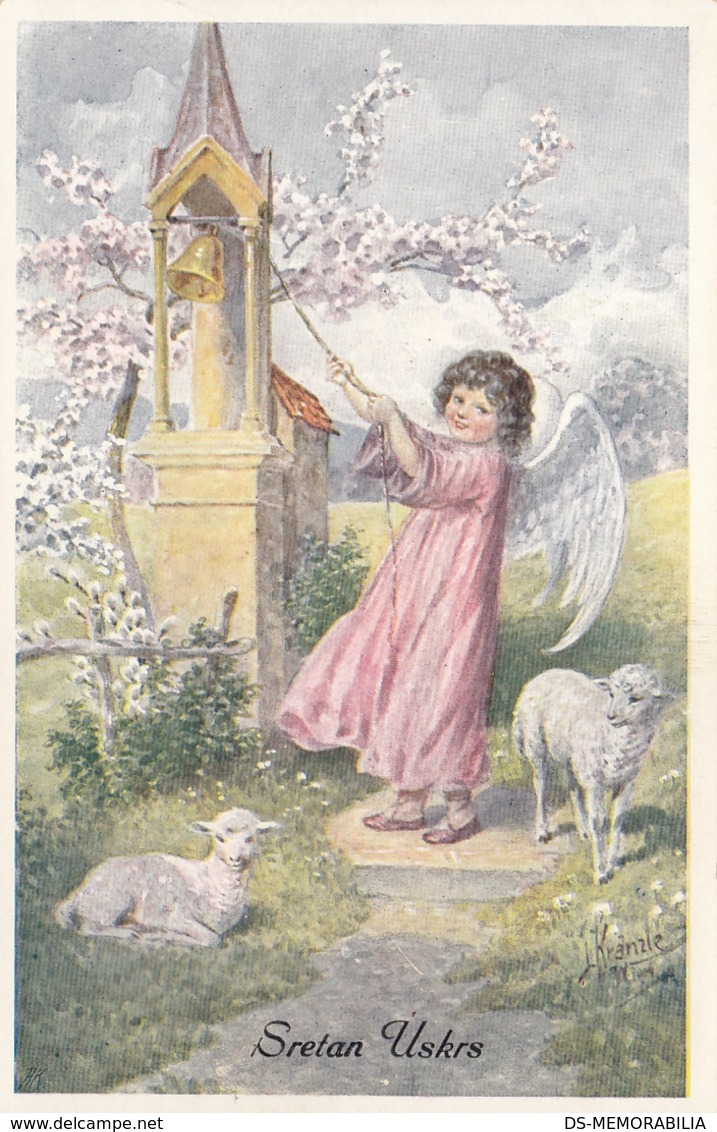 Kranzle - Angel Easter Bells Lamb Old Postcard - Kraenzle