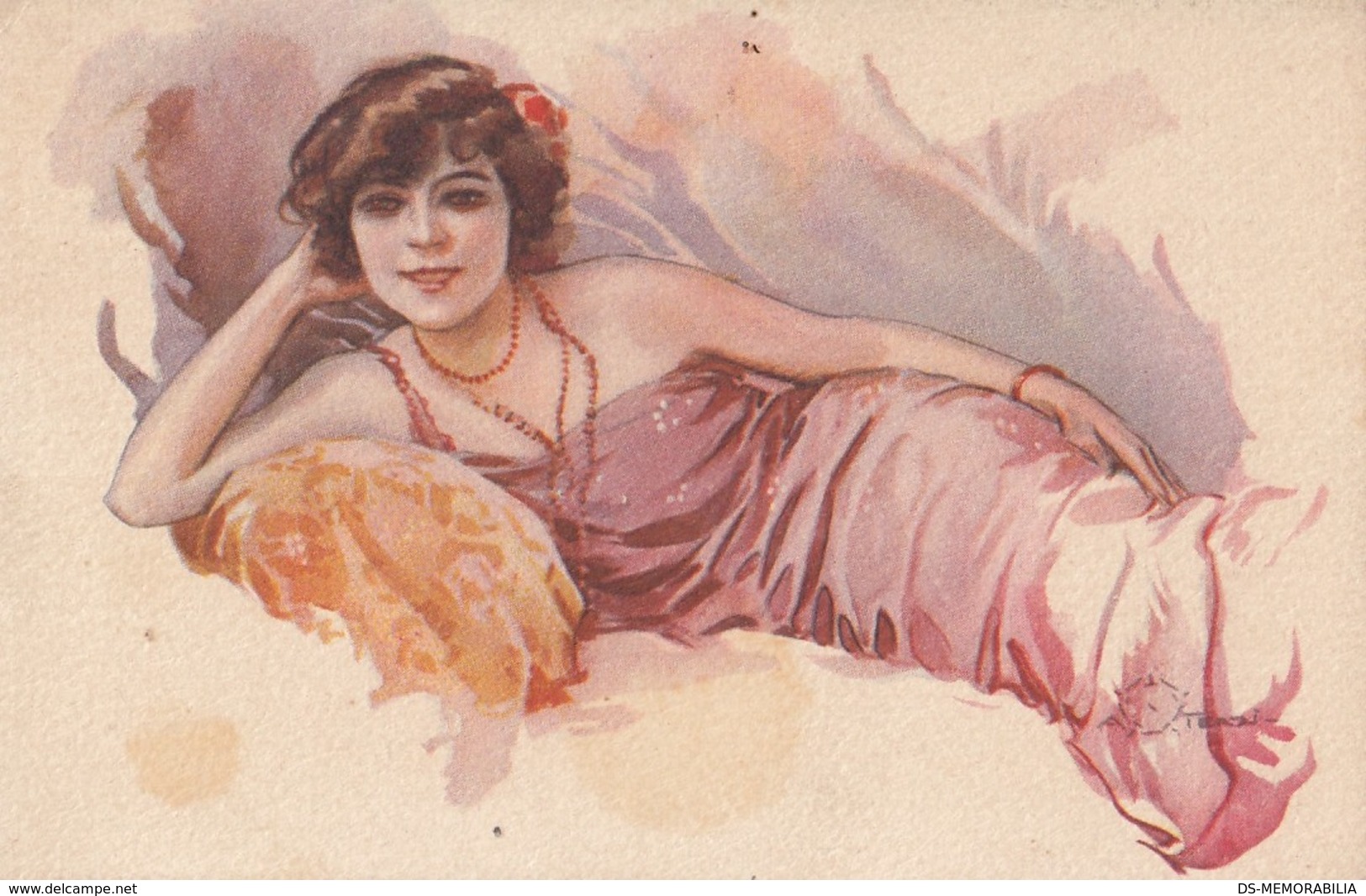 Terzi Italian Art Deco Beautiful Lady W Necklace Old Postcard 1923 - Autres & Non Classés