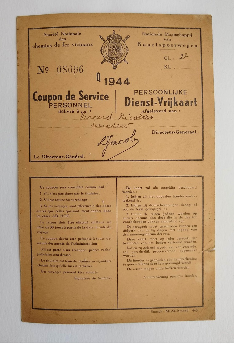 1944 SNCF Vicinaux NMBS Coupon De Service Personnel Dienst Vrijkaart RARE - Autres & Non Classés