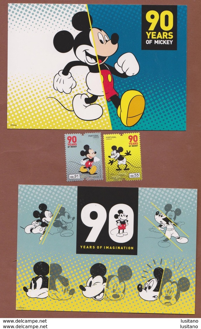 Portugal Mickey Disney 90 Years 2 Postcards And 2 Stamps ( Maximum Postcards ) - Disney