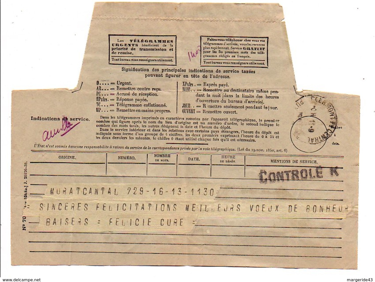 OBLITERATION DE CENSURE CONTROLE K SUR TELEGRAMME 1941 - 1921-1960: Période Moderne