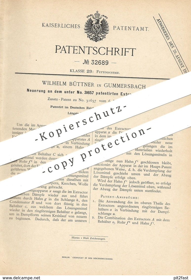 Original Patent - Wilhelm Büttner , Gummersbach , 1884 , Extraktionsapparat | Extraktion | Fett , Fette , Öl !! - Historische Dokumente