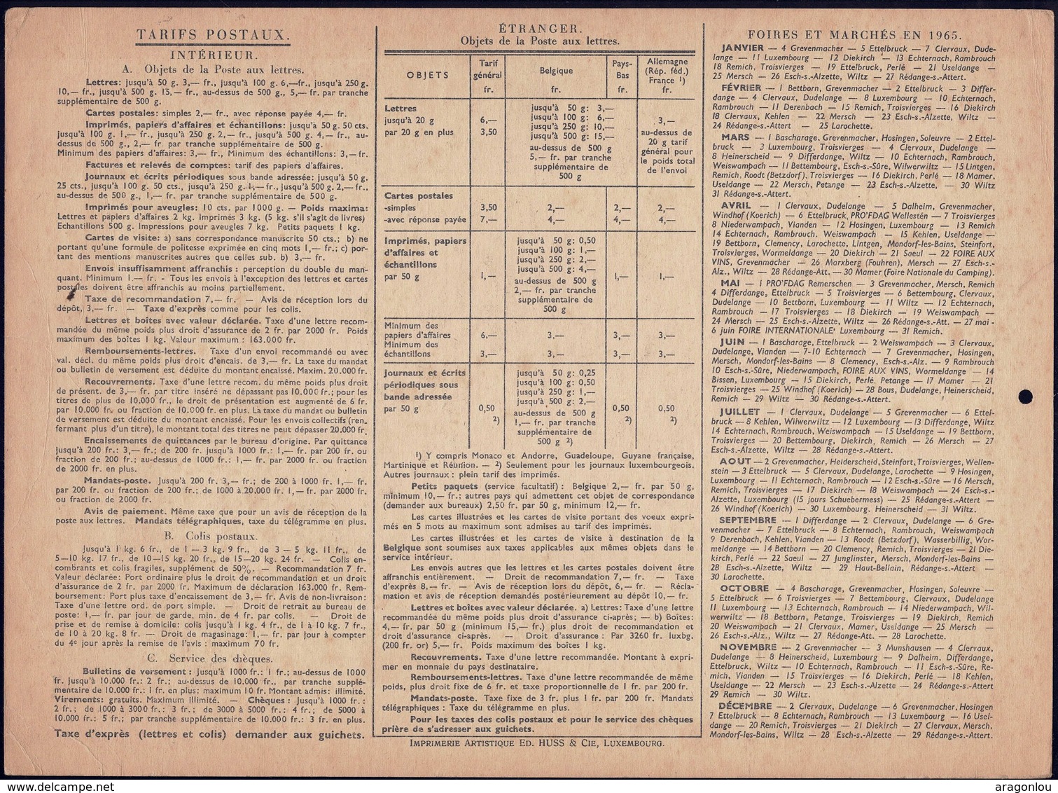 Luxembourg 1965, Calendrier Des Factuers Des Postes, Grand Format, 2 Scans - Big : 1961-70