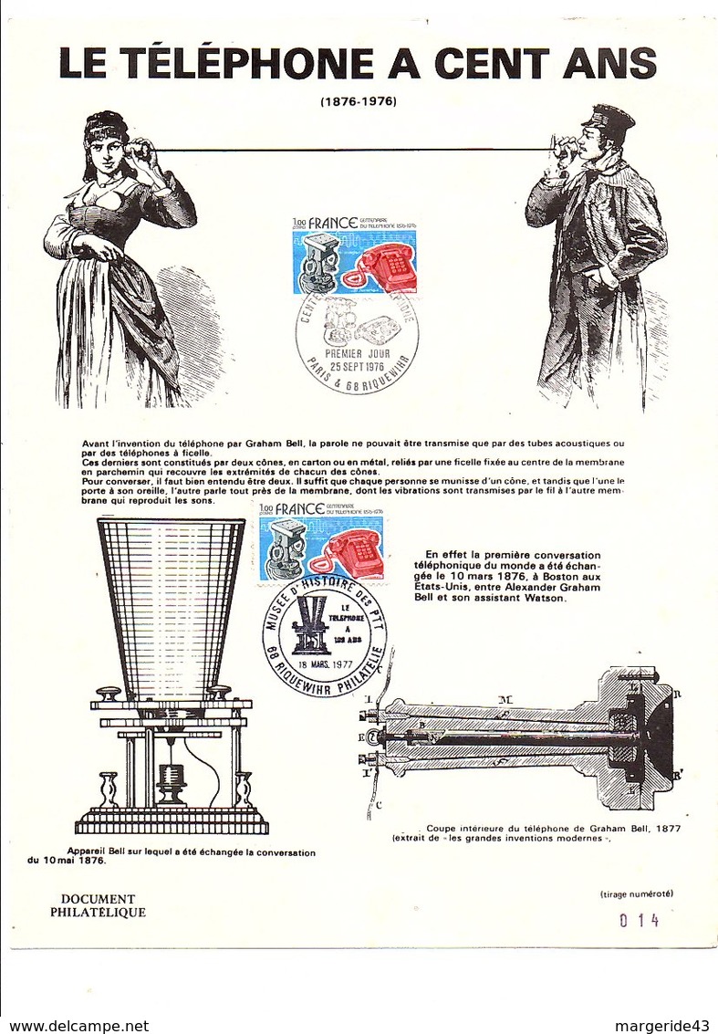 DOCUMENT LE TELEPHONE A 100 ANS 1976 - Commemorative Postmarks