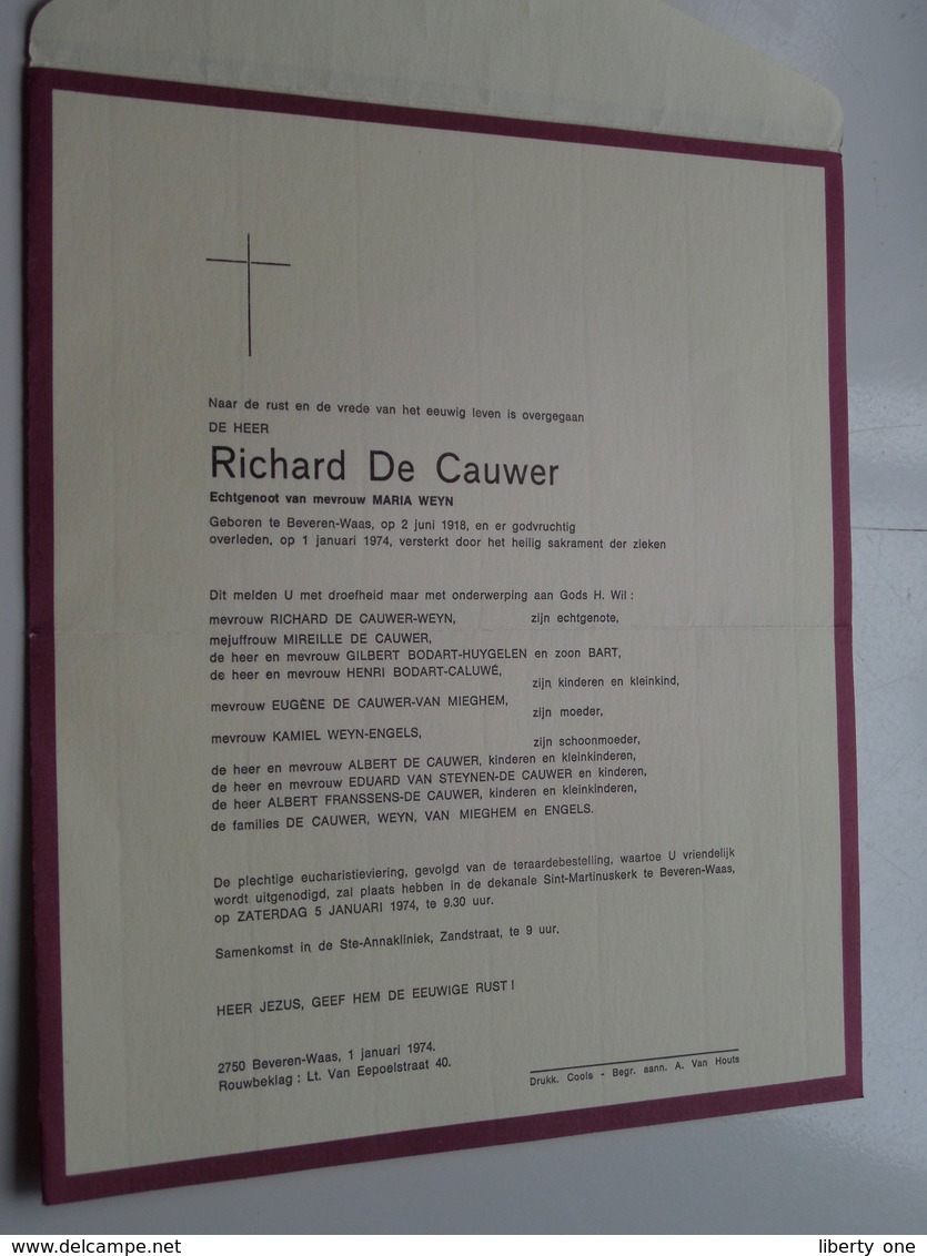 DB Richard DE CAUWER ( Maria Weyn ) Beveren-Waas 2 Juni 1918 > 1 Jan 1974 ( Zie / Voir Photo ) ! - Overlijden