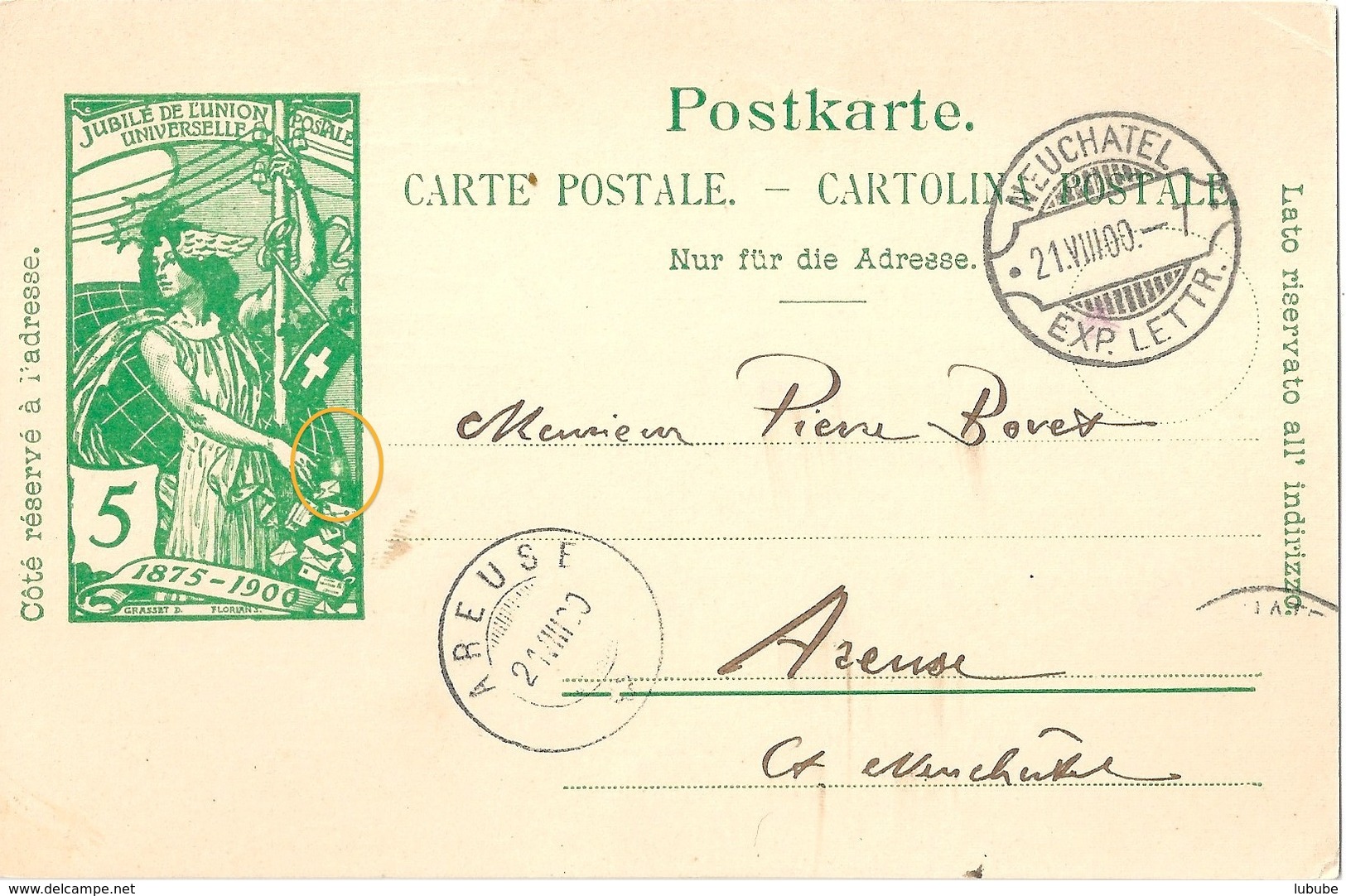 PK 31  UPU  Neuchâtel - Areuse  (Rasierklingenstempel)             1900 - Postwaardestukken