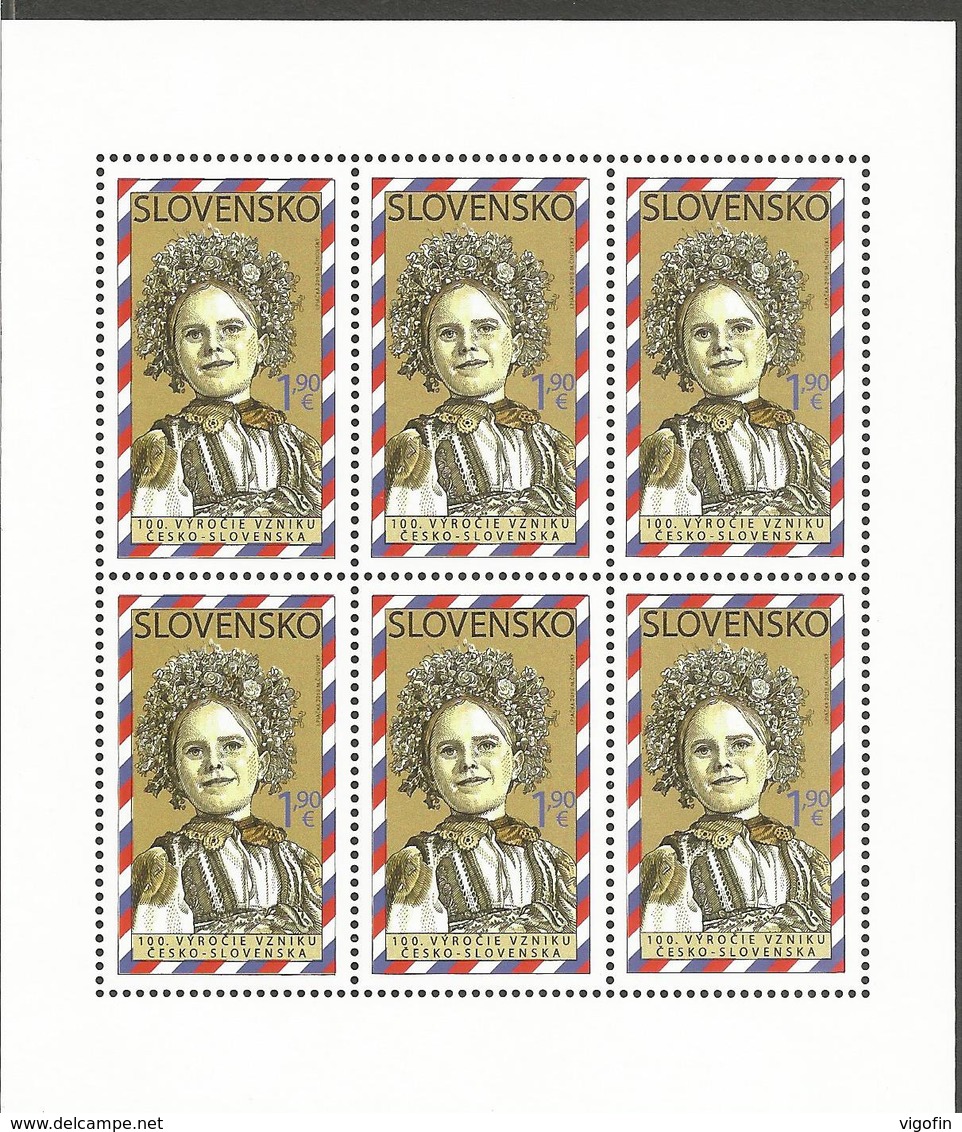 SK 2018-672  The 100th Anniversary Of The Establishment Of Czecho-Slovakia  SLOVAKIA, MS, MNH - Blocks & Kleinbögen