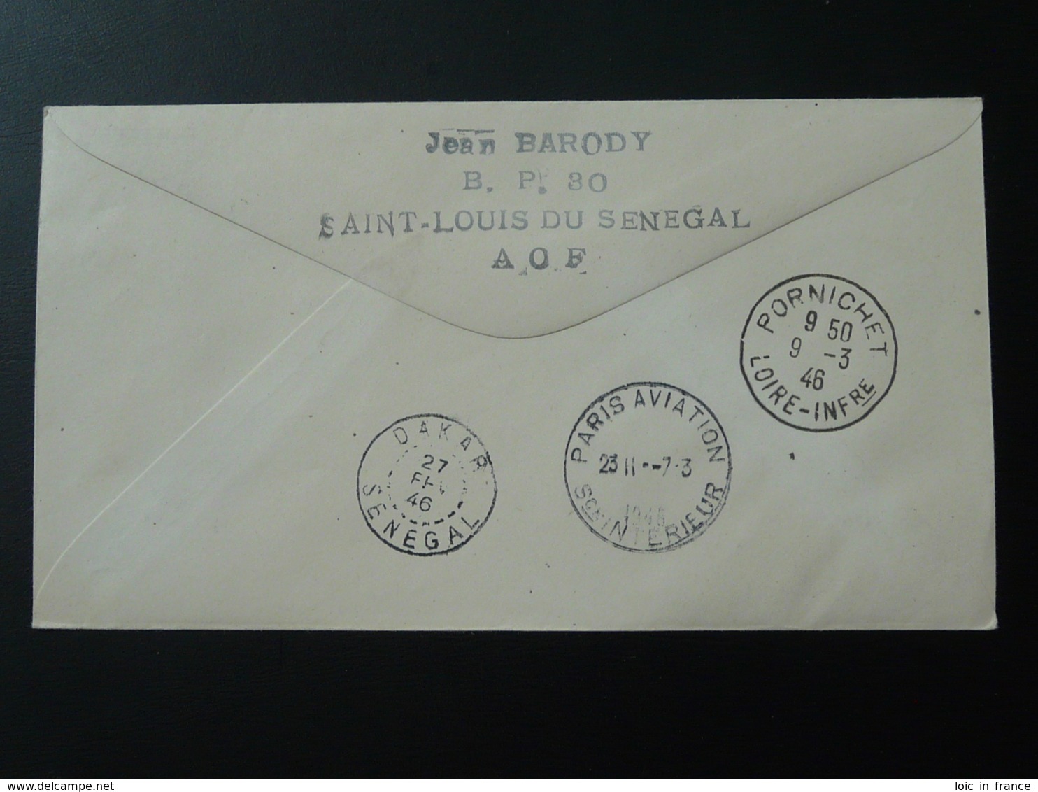 Lettre Recommandée Transportée Par Hydravion Cover Flown By Seaplane De St-Louis Du Sénégal à Pornichet 1946 - Lettres & Documents