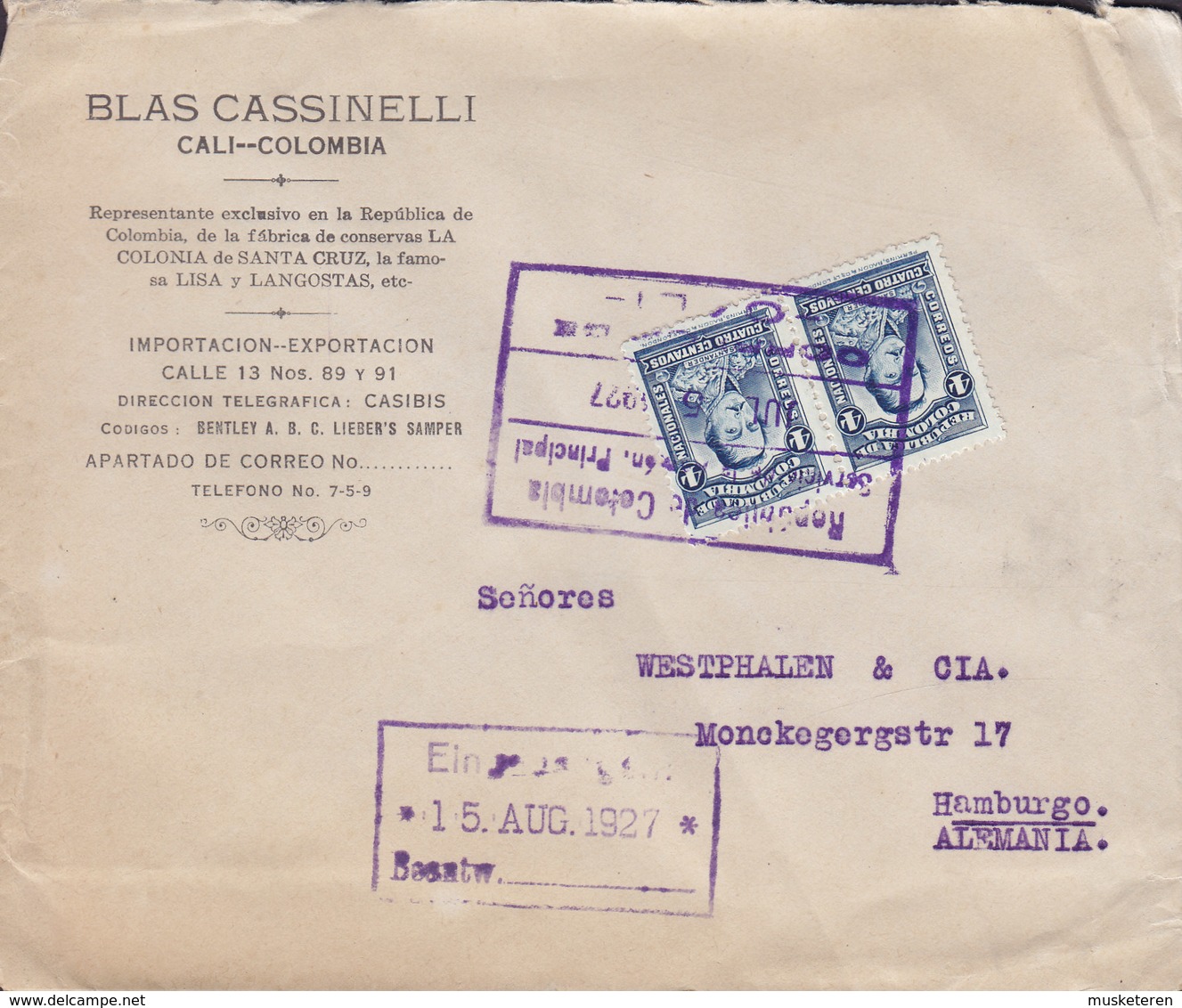 Colombia BLAS CASSINELLI, CALI 1927 Cover Letra HAMBURG Germany 2x Santander Stamps (Pair, Paare) - Kolumbien