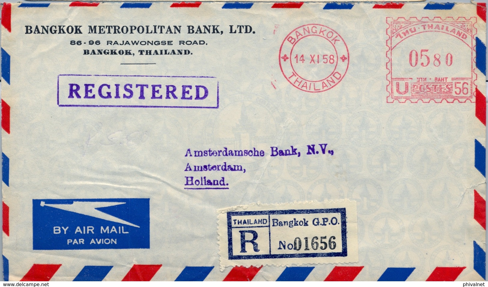 1958 , TAILANDIA / THAILAND , SOBRE CERTIFICADO BANGKOK - AMSTERDAM , FRANQUEO MECÁNICO - Tailandia