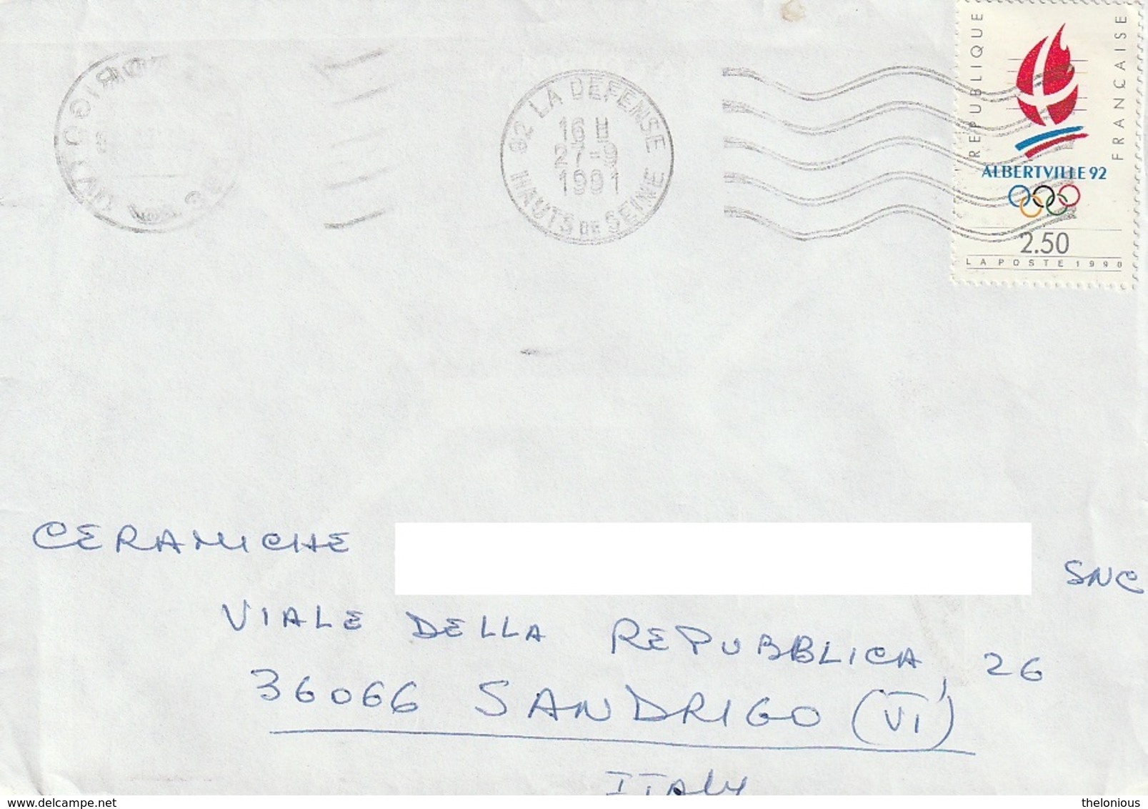 # Lettera Dalla Francia Per Sandrigo Francobollo 1990 Olimpiadi Sport Invernali - Covers & Documents