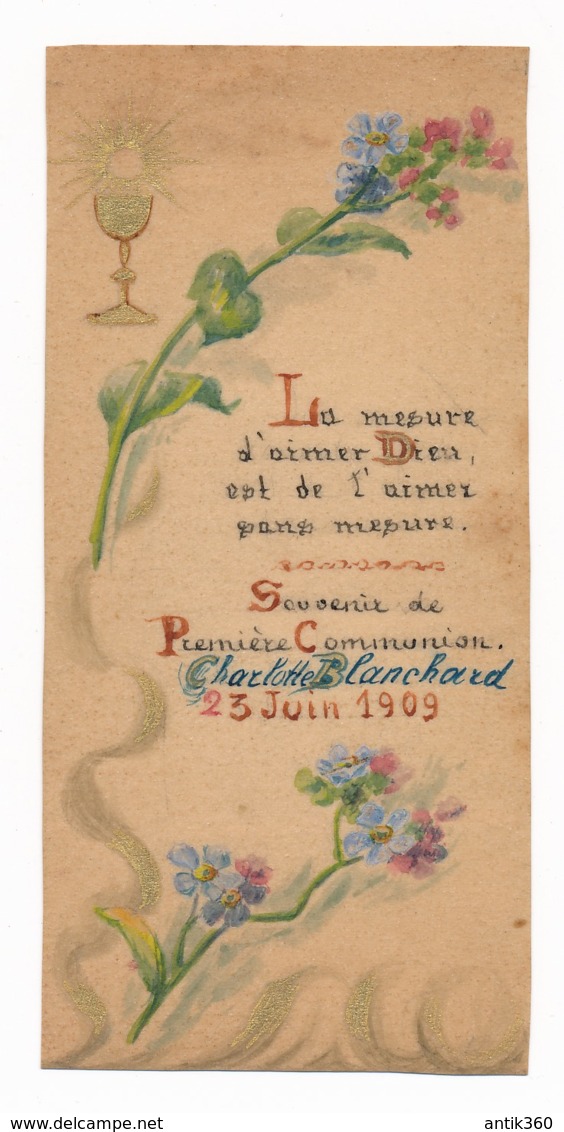 Image Pieuse Fait Main Première Communion 1909 Holy Card Santino - Devotion Images