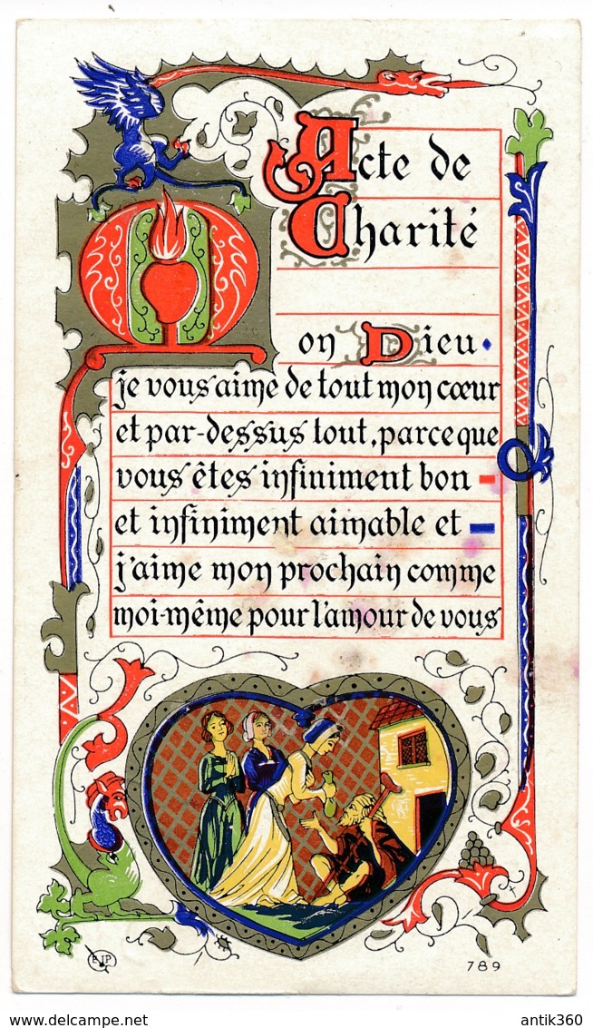 Image Pieuse  Acte De Charité Enluminure Chromo Dorures Holy Card Santino - Images Religieuses