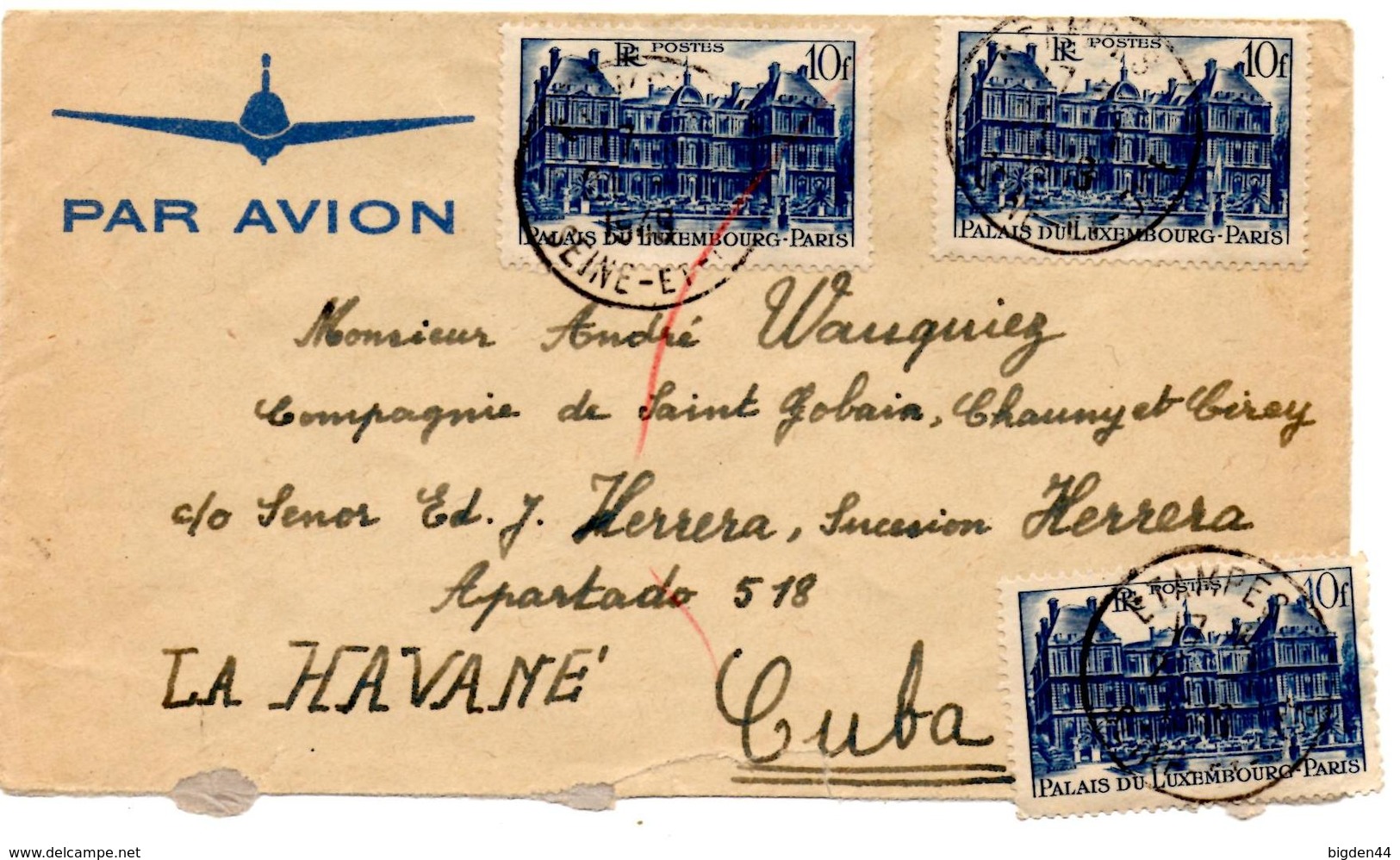 Lettre Par Avion De Etampes (30.01.1948) Pour La Havane Cuba Luxembourg - Lettres & Documents