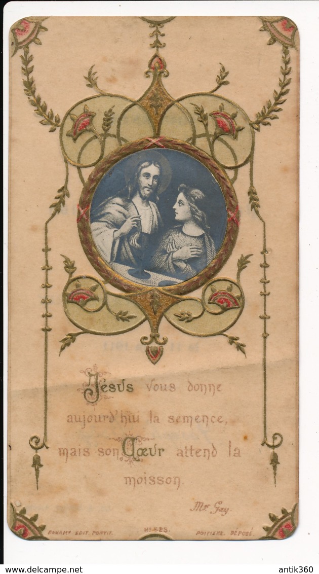 Image Pieuse Holy Card Santino Editeur Bonamy Chromo Gaufrée Relief Jésus Vous Donne 1ère Communion Chanzeaux 1911 - Images Religieuses