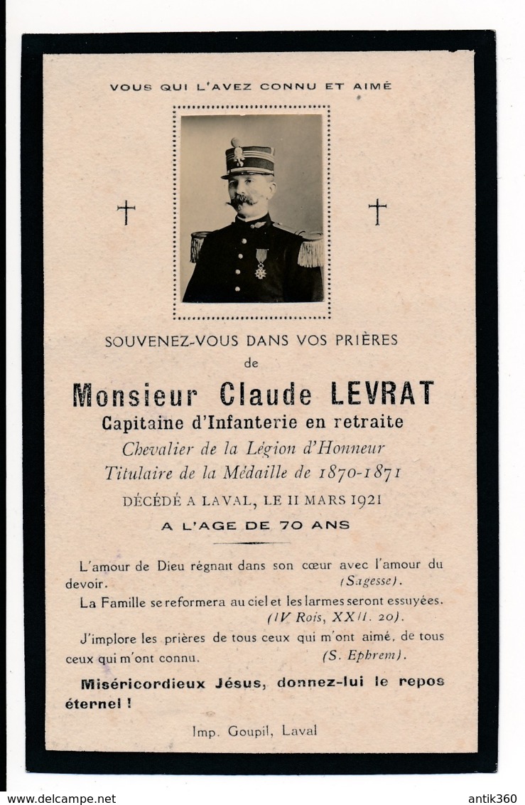 Image Pieuse Holy Card Santino Memento Mori Soldat WW1 14-18 Capitaine LEVRAT Claude Mort 1921 Légion D'Honneur - Images Religieuses