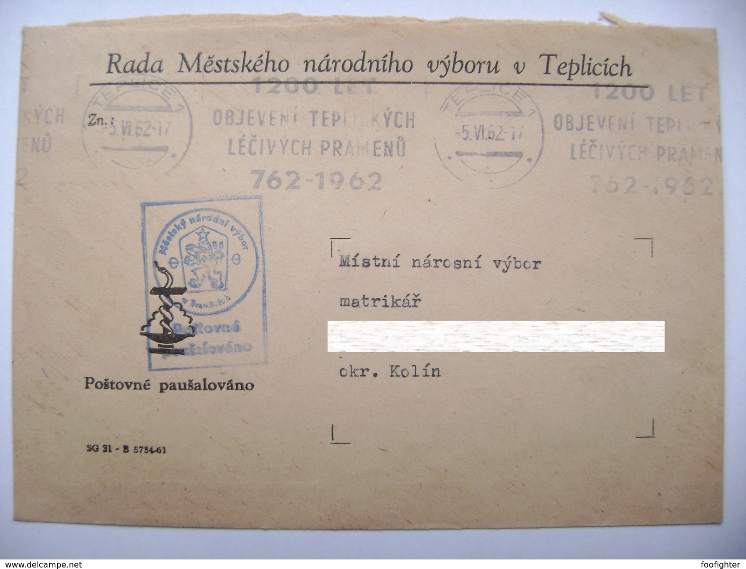 Cover 1962 Machine Cancel 1200 Years Of Discovery Of Mineral Springs Teplice 762-1962, Postage Prepaid - Hydrotherapy