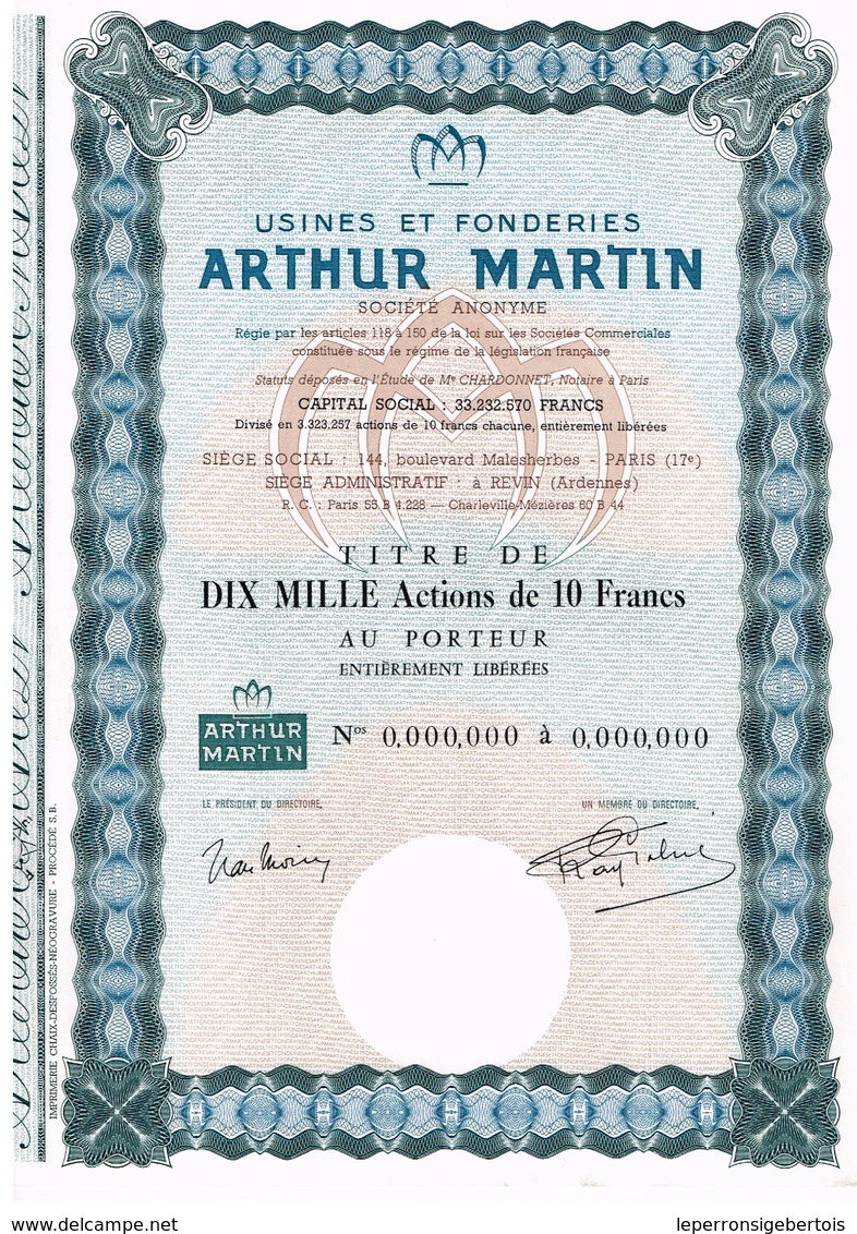 Ancien Titre - Usines Et Fonderies Arthur Martin - Société Anonyme - - Industrie