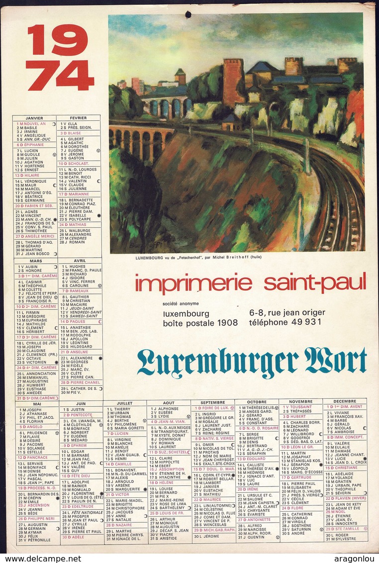 Luxembourg 1974, Calendrier Imprimerie St.Paul Luxemburger Wort, Grand Format, Fetschenhof, 2 Scans - Grand Format : 1971-80