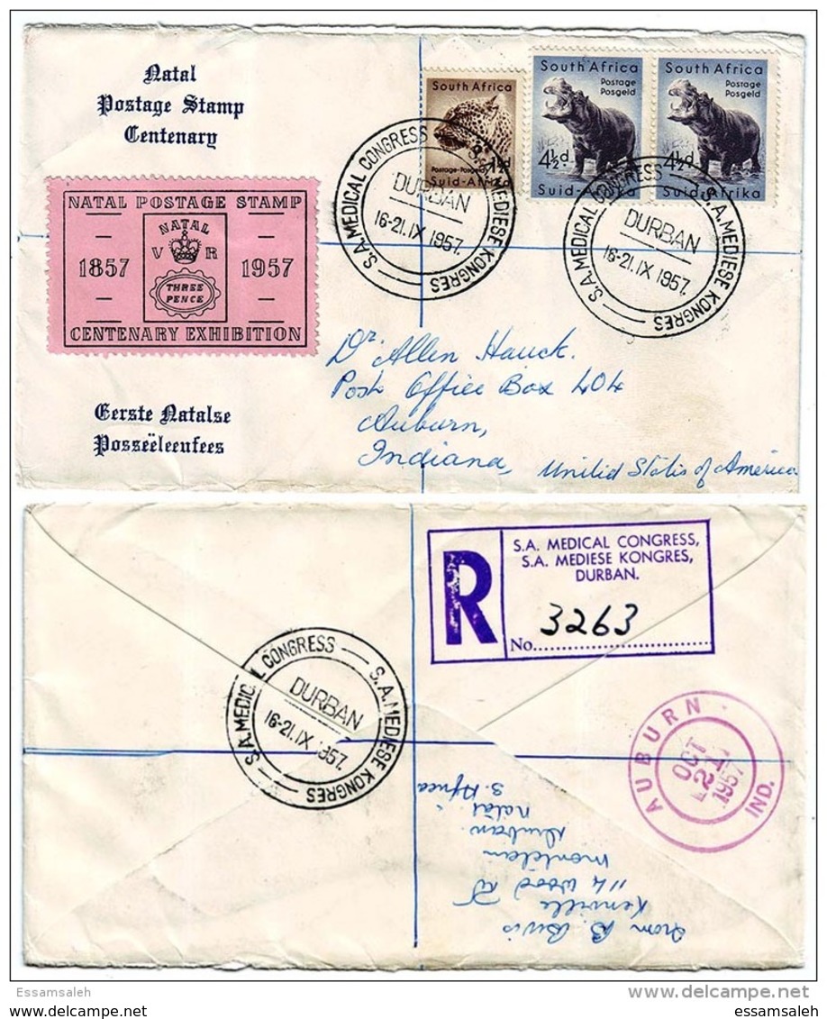 ZAS14002 South Africa 1957 Registered Cover W/ Natal Exhibition Label - Addressed USA - Covers & Documents