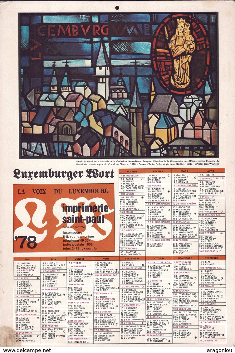 Luxembourg 1978, Calendrier Luxemburger Wort Imprimerie St.Paul, Grand Format, Cathédrale, 2 Scans - Big : 1971-80