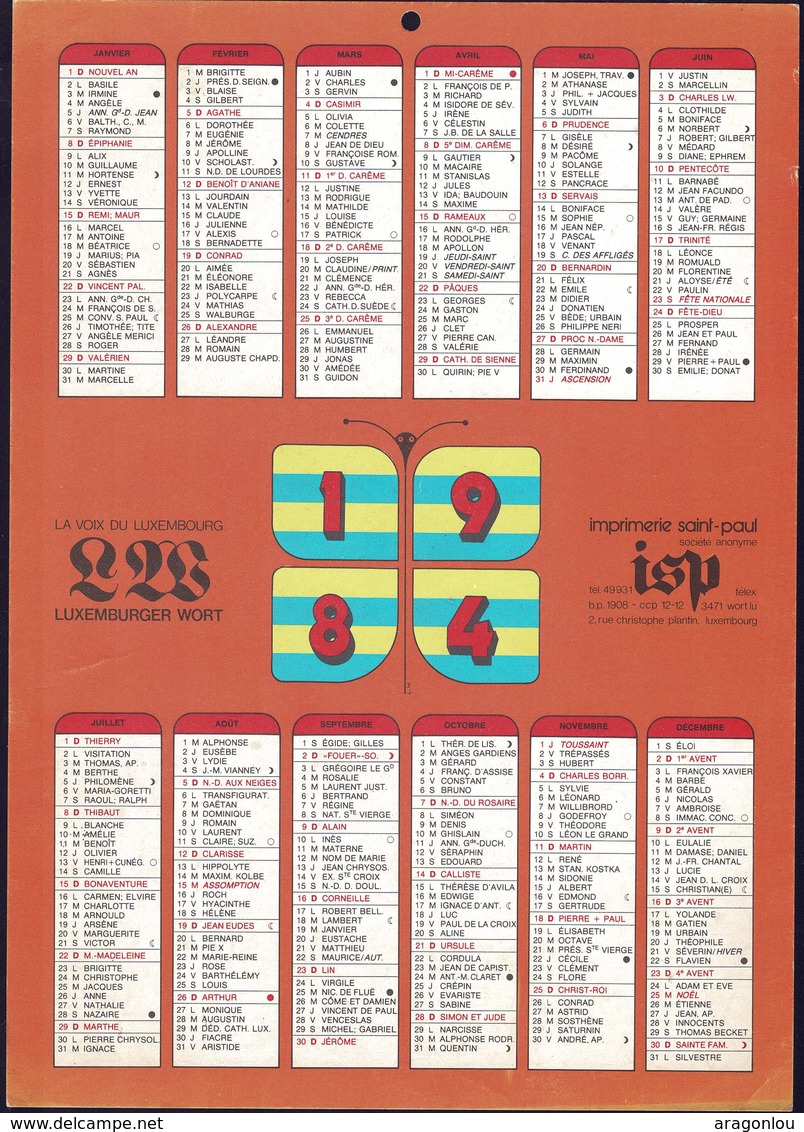 Luxembourg 1984, Calendrier Luxemburger Wort Imprimerie St.Paul, Grand Format A4, 2 Scans - Tamaño Grande : 1981-90