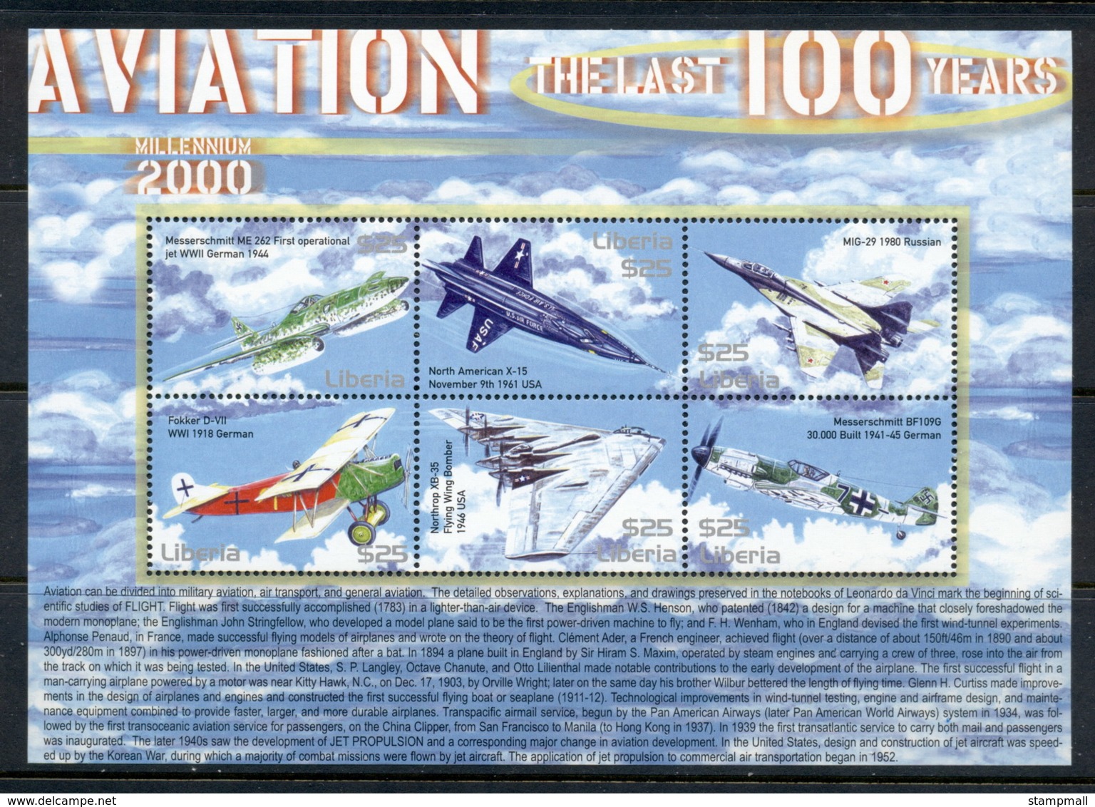 Liberia 2000 Aviation The Last 100 Years Sheetlet MUH - Liberia